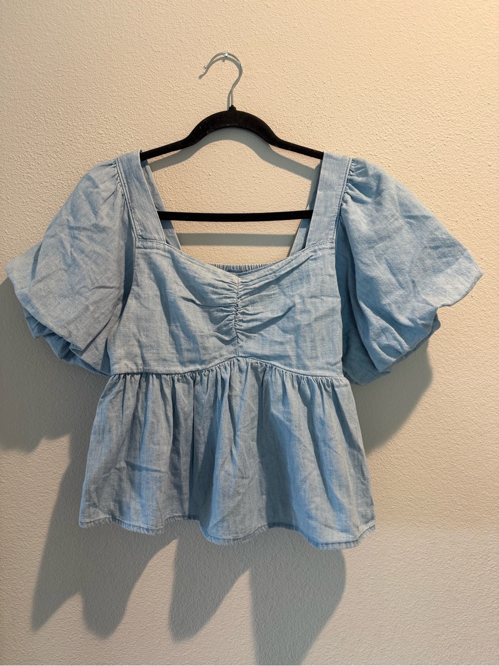 Old Navy Light Blue Square Neck Puff Sleeve Peplum Top
